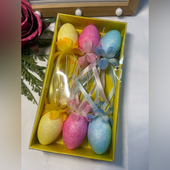 Other - Easter Glitter Egg Picks Set of 6 – Pastel Spring Floral Decor – New